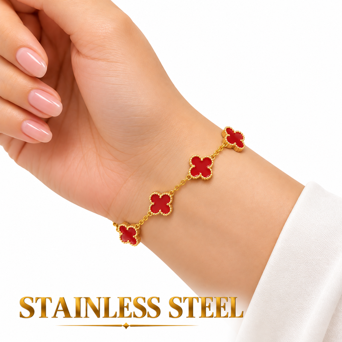 GOLD-TONE RED CLOVER CHARM STAINLESS STEEL BRACELET