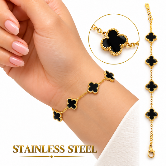 GOLD-TONE BLACK CLOVER STAINLESS STEEL BRACELET