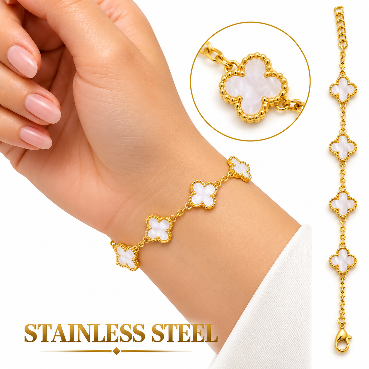 GOLD-TONE WHITE CLOVER STAINLESS STEEL BRACELET