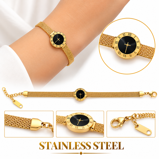 GOLD-TONE BLACK DIAL MESH STRAP STAINLESS STEEL WATCH