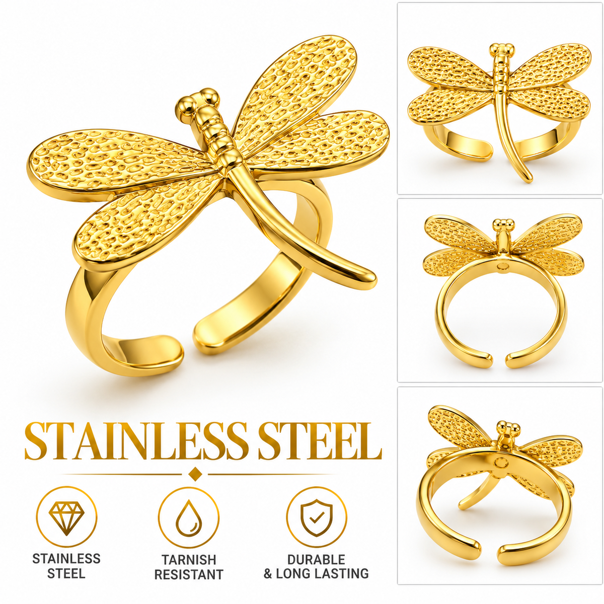 GOLD-TONE DRAGONFLY STATEMENT RING – STAINLESS STEEL | ADJUSTABLE SIZE