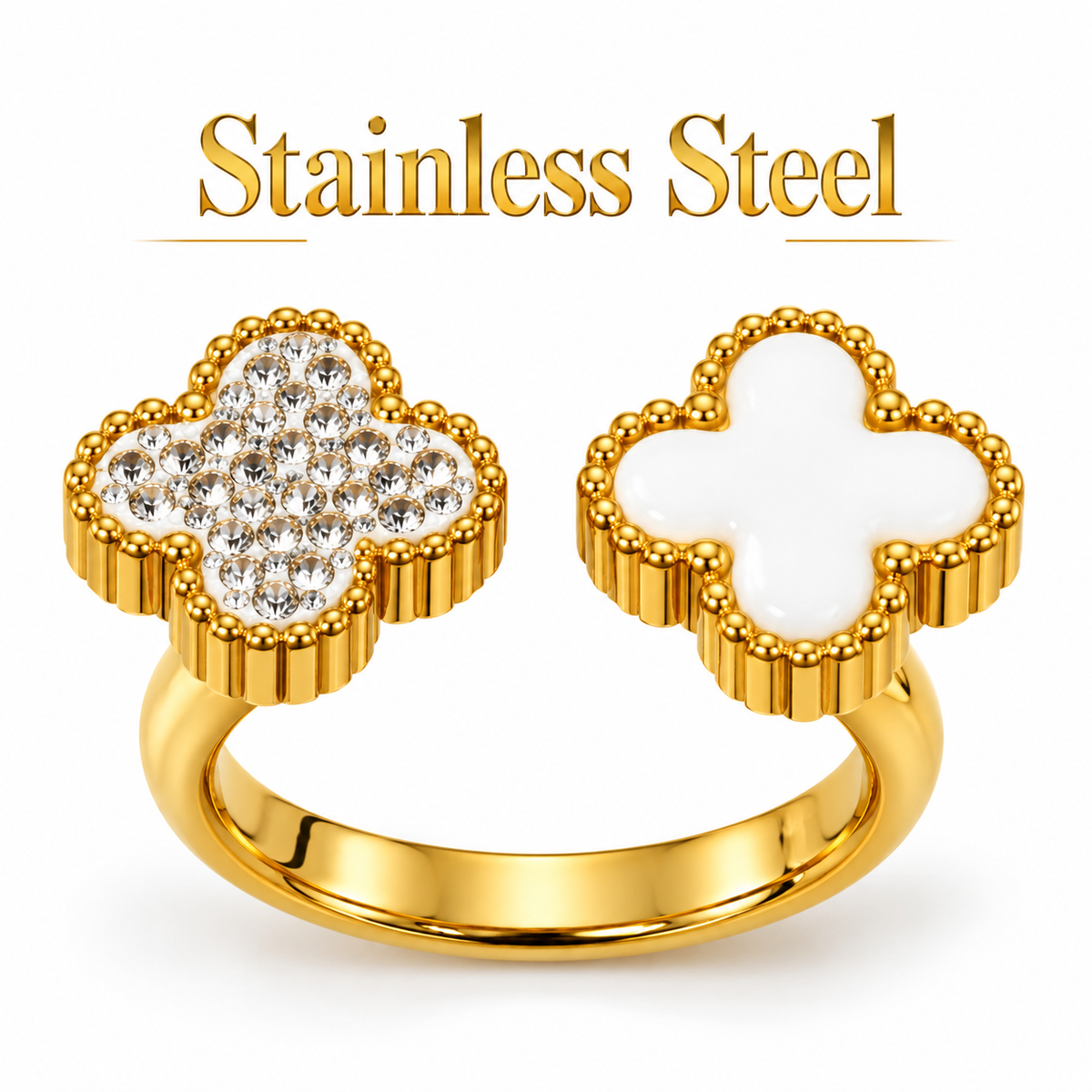 Gold-Tone Stainless Steel Clover Crystal Adjustable Ring – Size 19
