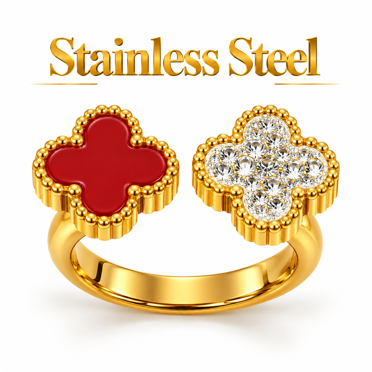Gold-Tone Stainless Steel Red & Crystal Clover Ring – Size 19