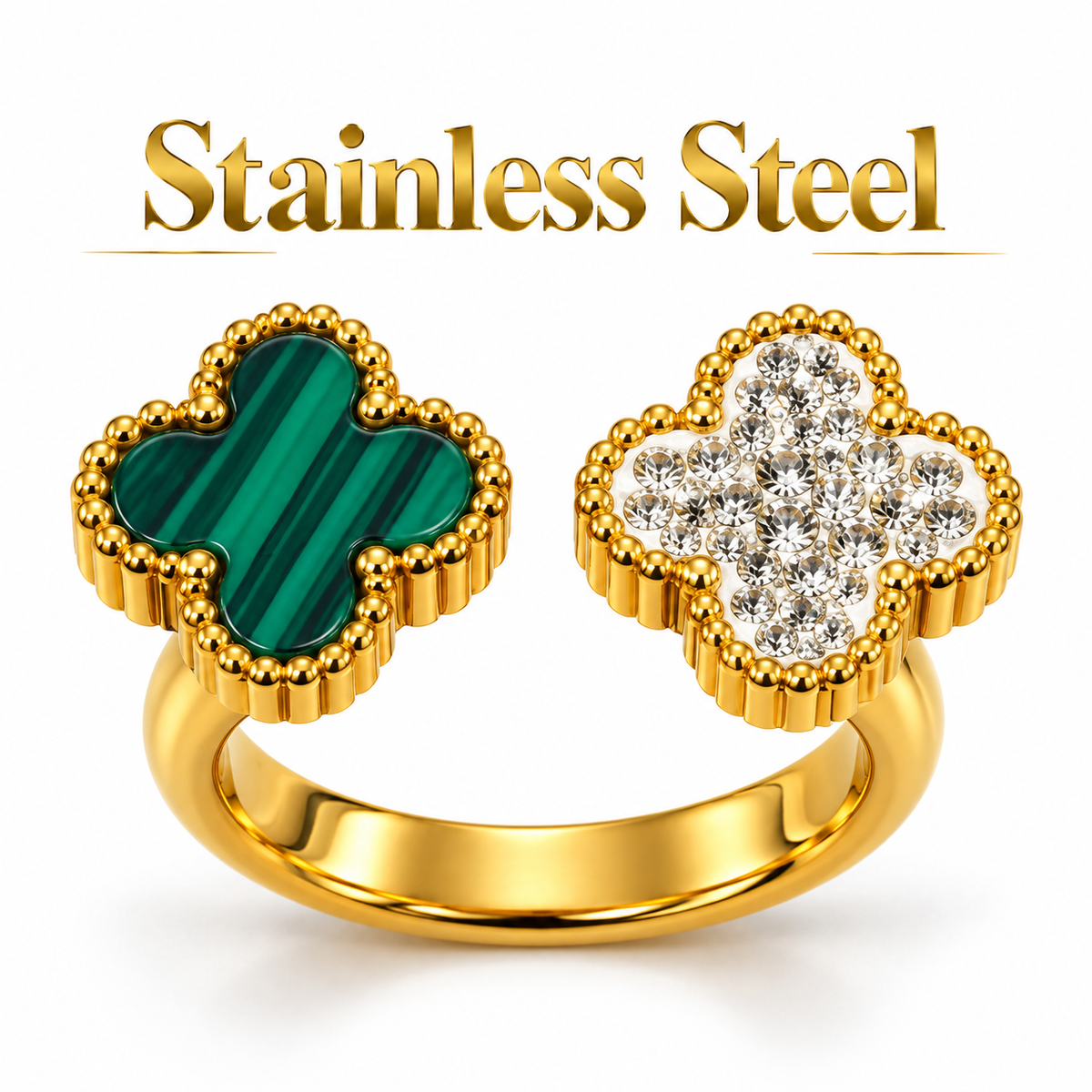Gold-Tone Stainless Steel Green & Crystal Clover Ring – Size 19