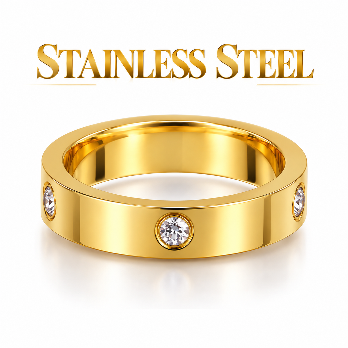 Gold-Tone Stainless Steel Triple Crystal Band Ring – Size 17