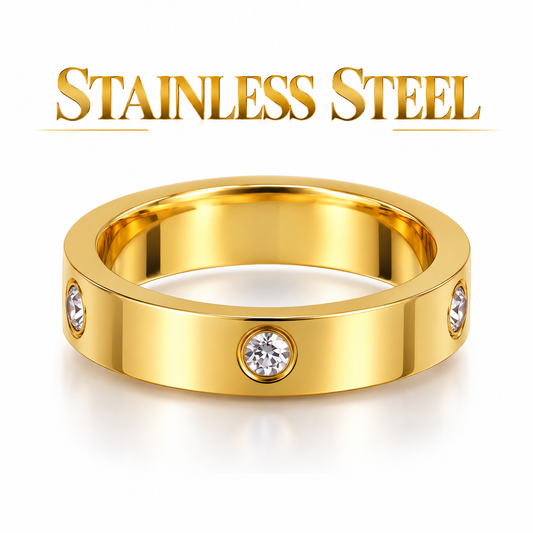 Gold-Tone Stainless Steel Triple Crystal Band Ring – Size 17