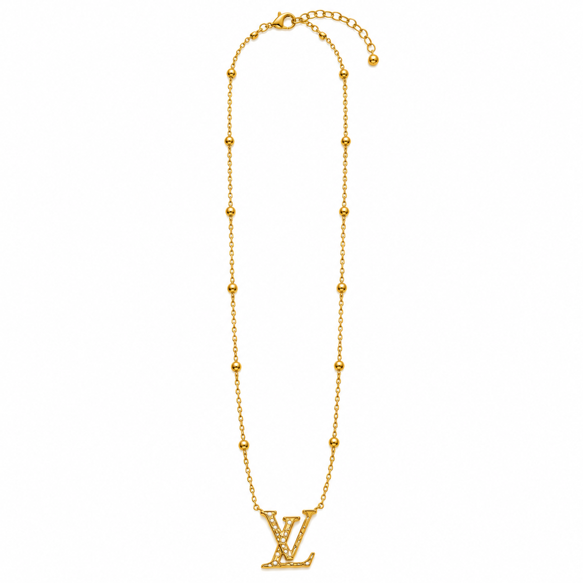 GOLD-TONE BEADED INITIAL PENDANT NECKLACE ( LV )