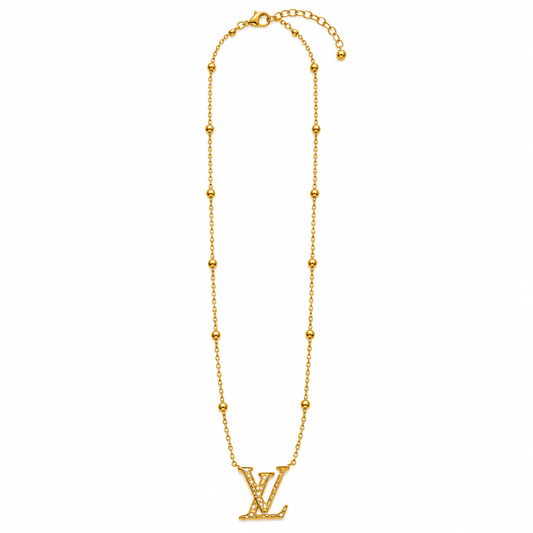 GOLD-TONE BEADED INITIAL PENDANT NECKLACE ( LV )