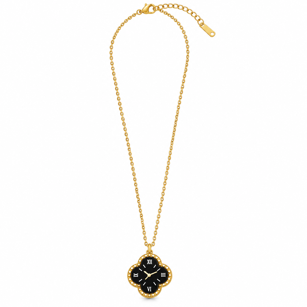 GOLD-TONE STAINLESS STEEL QUATREFOIL CLOCK PENDANT NECKLACE