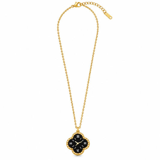 GOLD-TONE STAINLESS STEEL QUATREFOIL CLOCK PENDANT NECKLACE