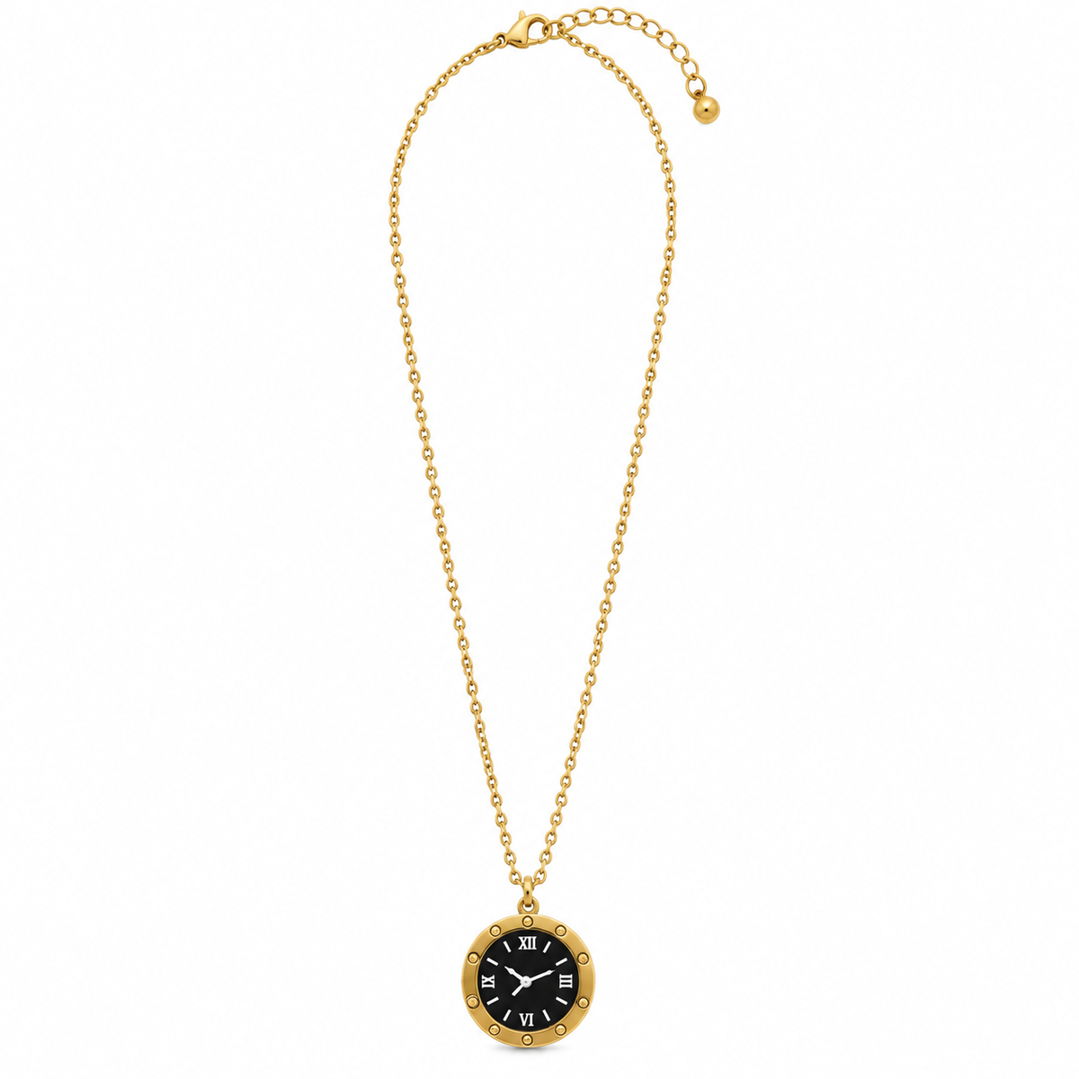 GOLD-TONE STAINLESS STEEL ROUND CLOCK PENDANT NECKLACE