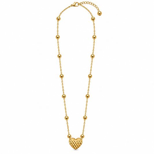 GOLD-TONE STAINLESS STEEL BEADED HEART PENDANT NECKLACE