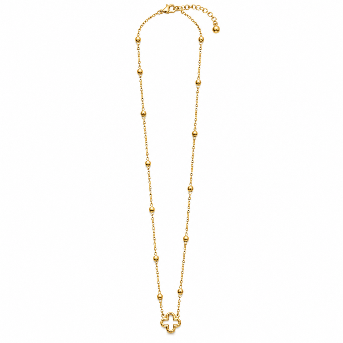 GOLD-TONE STAINLESS STEEL BEADED QUATREFOIL PENDANT NECKLACE