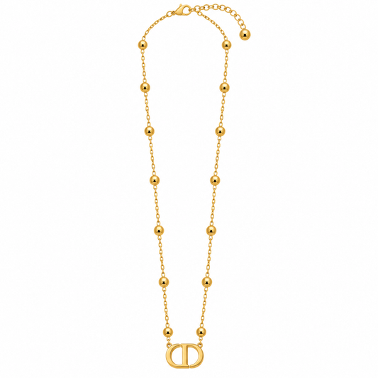 GOLD-TONE STAINLESS STEEL BEADED DOUBLE-RING PENDANT NECKLACE