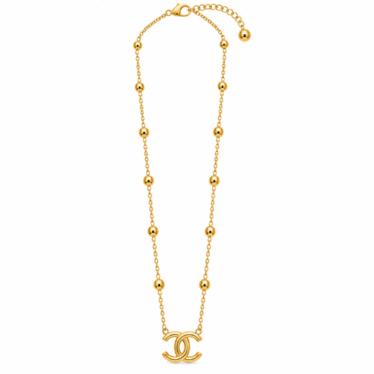 GOLDEN BEADED CHAIN NECKLACE WITH INTERLOCKING DOUBLE-C PENDANT