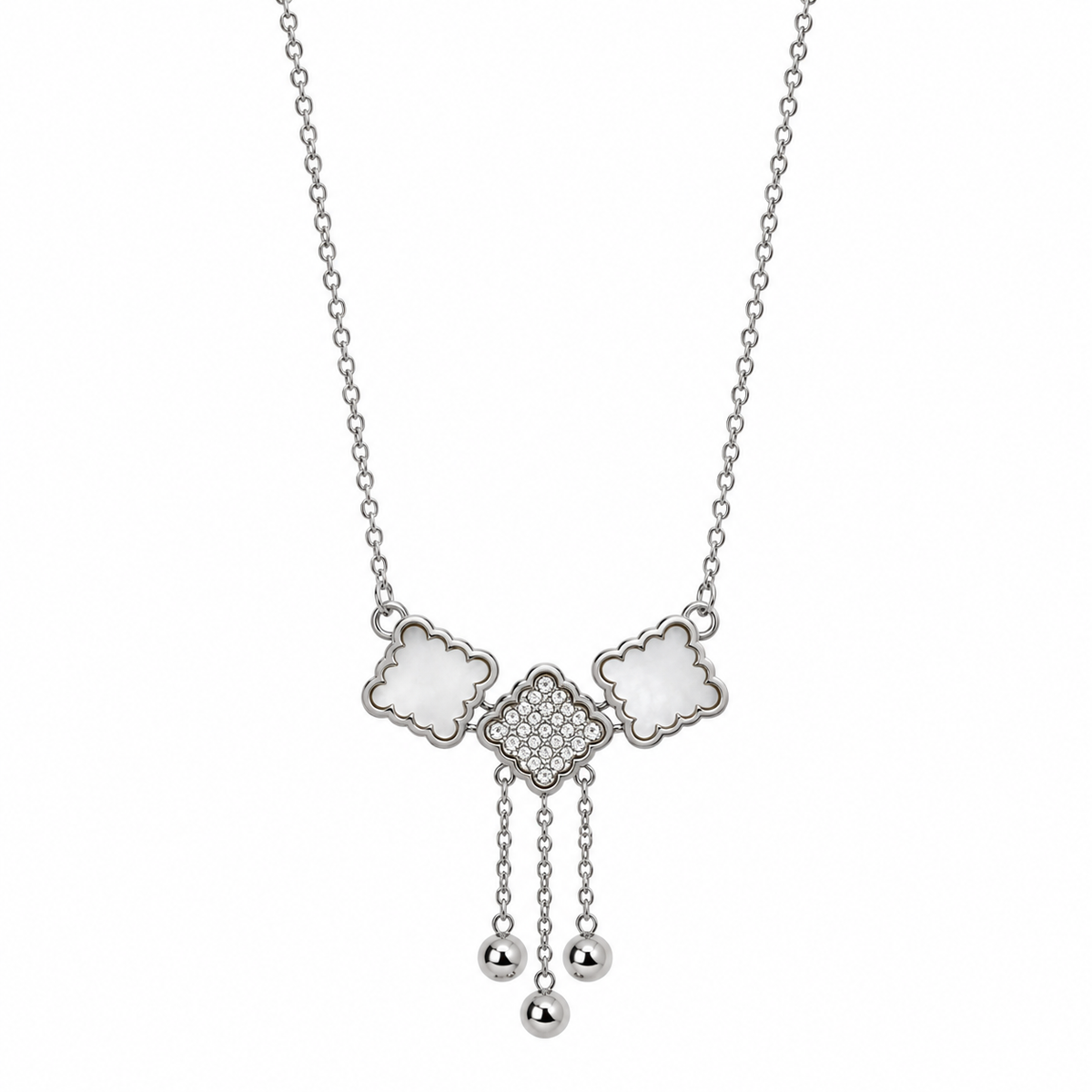 STAINLESS STEEL CLOVER RHINESTONE PENDANT NECKLACE
