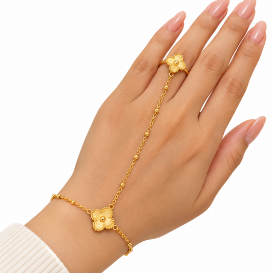 GOLDEN FLORAL RING & HAND CHAIN BRACELET