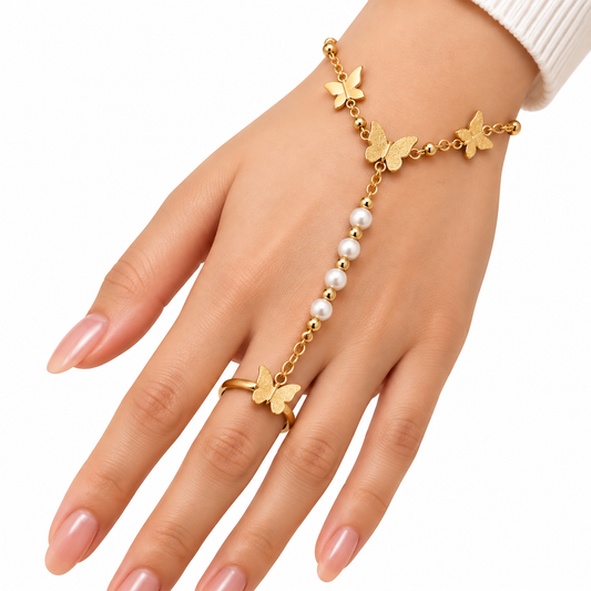 GOLDEN BUTTERFLY PEARL HAND CHAIN RING BRACELET