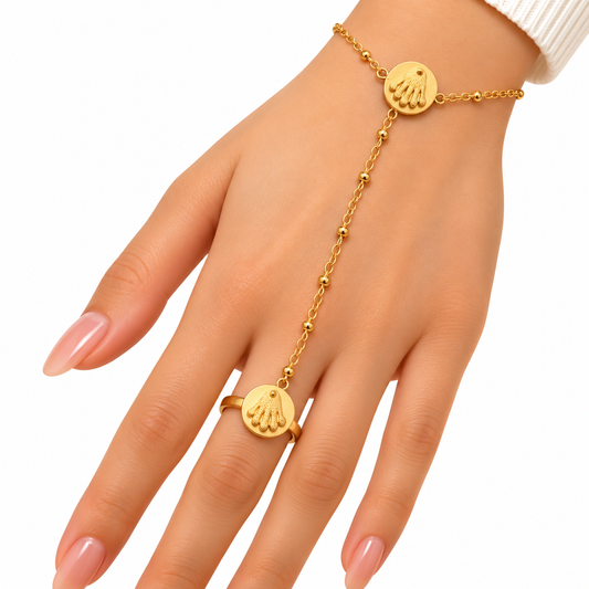 GOLDEN HAND CHAIN RING BRACELET – ROUND MEDALLION DESIGN