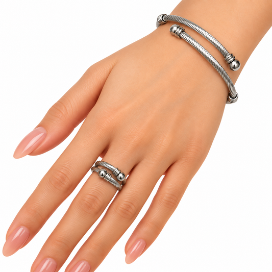 SILVER TWISTED HAND CUFF & RING SET