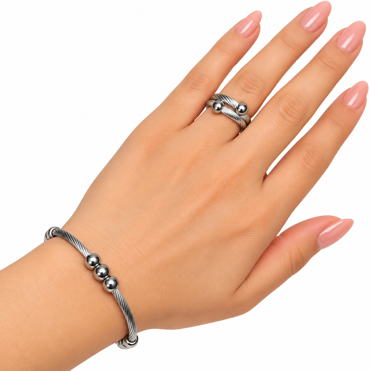 SILVER TWISTED HAND CUFF & RING SET
