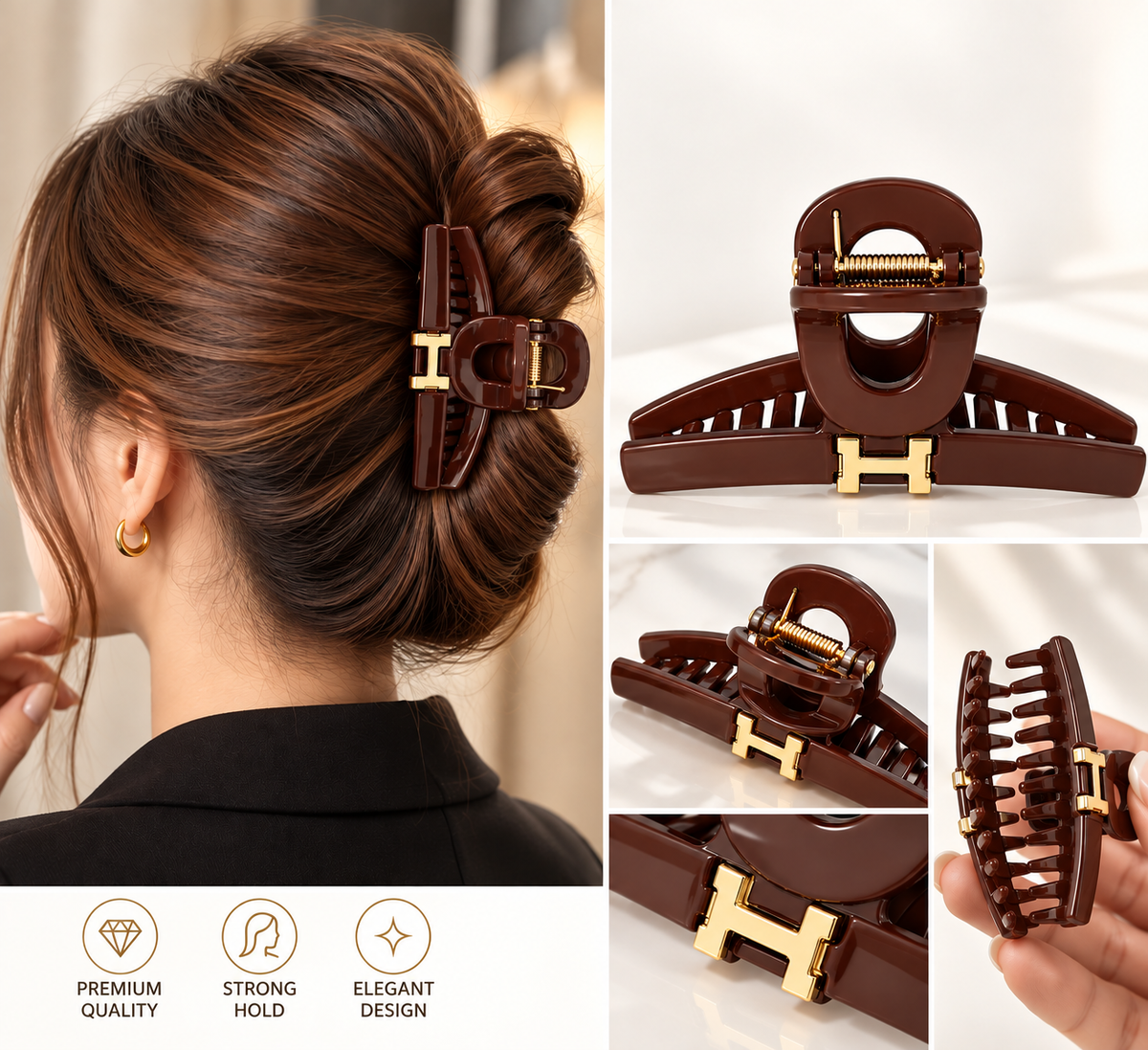 LUXURY BROWN H-DETAIL HAIR CLAW CLIP