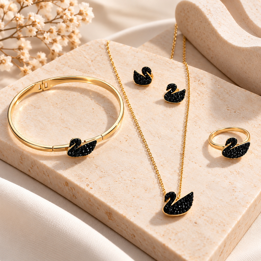 GOLD  BLACK SWAN CRYSTAL JEWELLERY SET – NECKLACE, EARRINGS, RING & CUFF