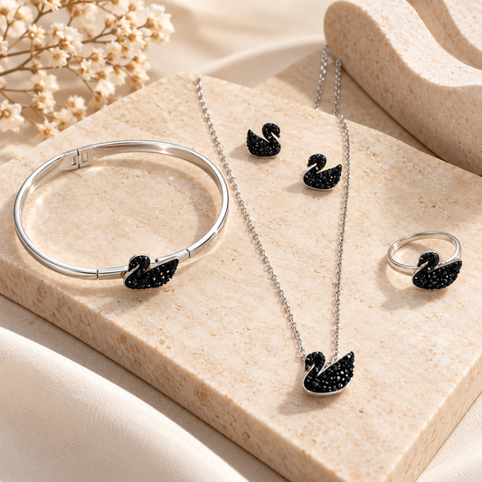 BLACK SWAN CRYSTAL JEWELLERY SET – NECKLACE, EARRINGS, RING & CUFF